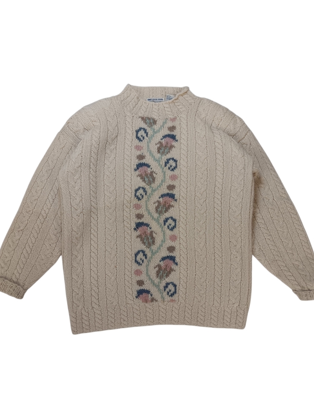 90s Cape Isle Knitters Cable Knit Sweater with Floral Stripe - L